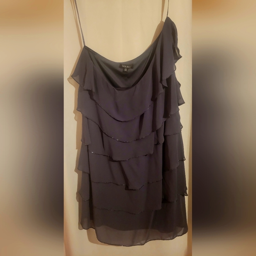 S.L. Fashions Dress Gray Beaded Tiered Ruffle Cocktail Dress Sz 20W